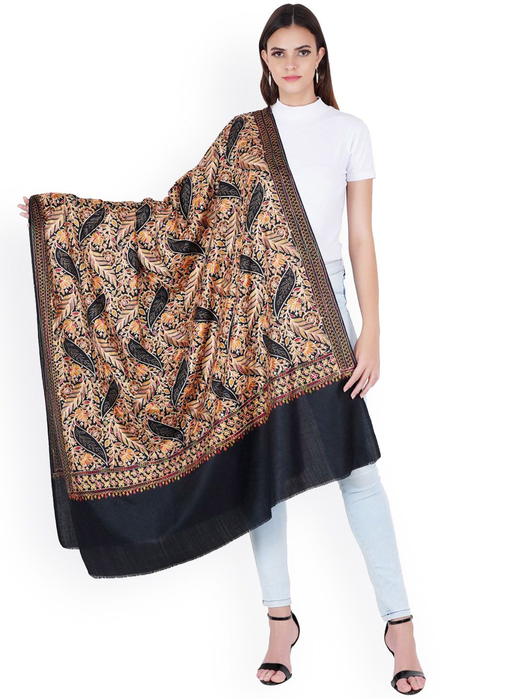 MUFFLY Black & Beige Pashmina Wool Shawl Price in India