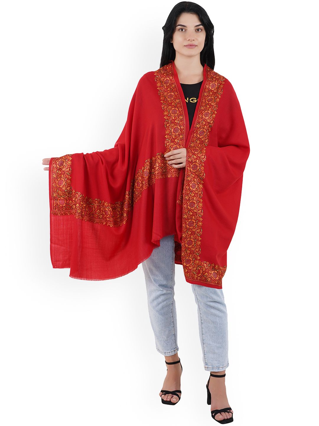 MUFFLY Maroon Printed Embroidered Pure wool Shawl Price in India