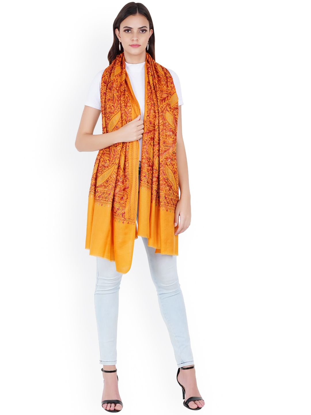 MUFFLY Yellow Embroidered Pashmina Wool Shawl Price in India