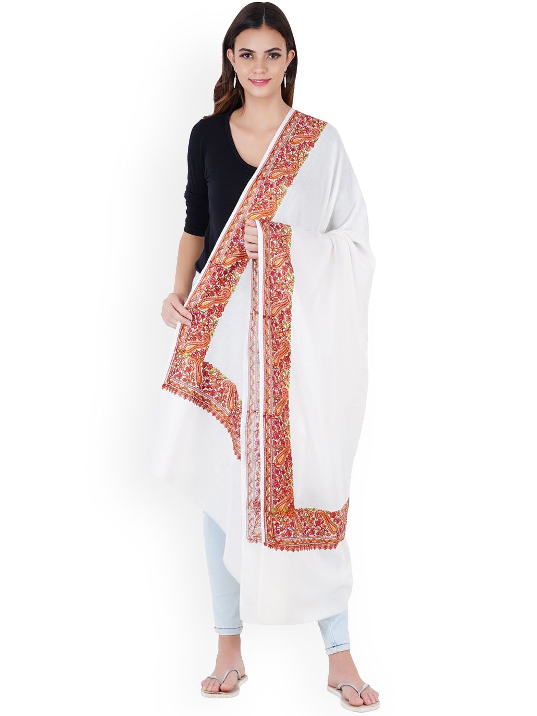 MUFFLY White Pure Wool Embroidered Pashmina Shawl Price in India