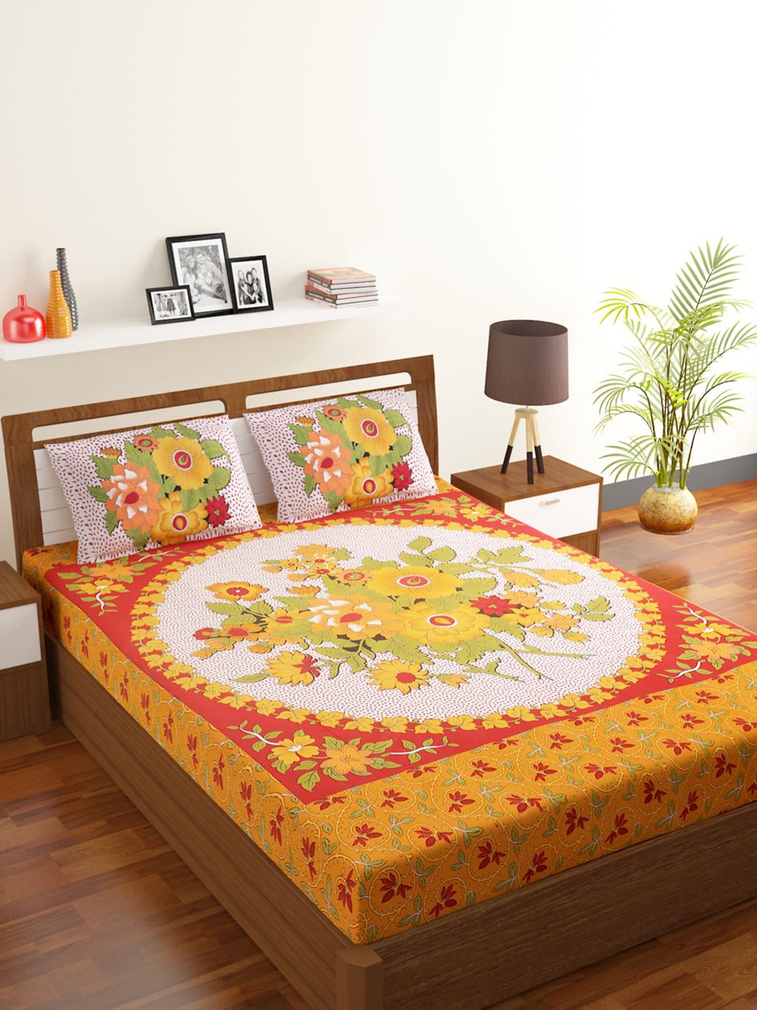 Rubix Home Yellow & Green Floral 104 TC Queen Bedsheet with 2 Pillow Covers Price in India