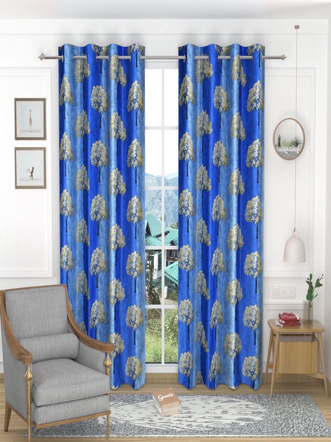 Homefab India Blue & Beige Set of 2 Floral Printed Door Curtains Price in India