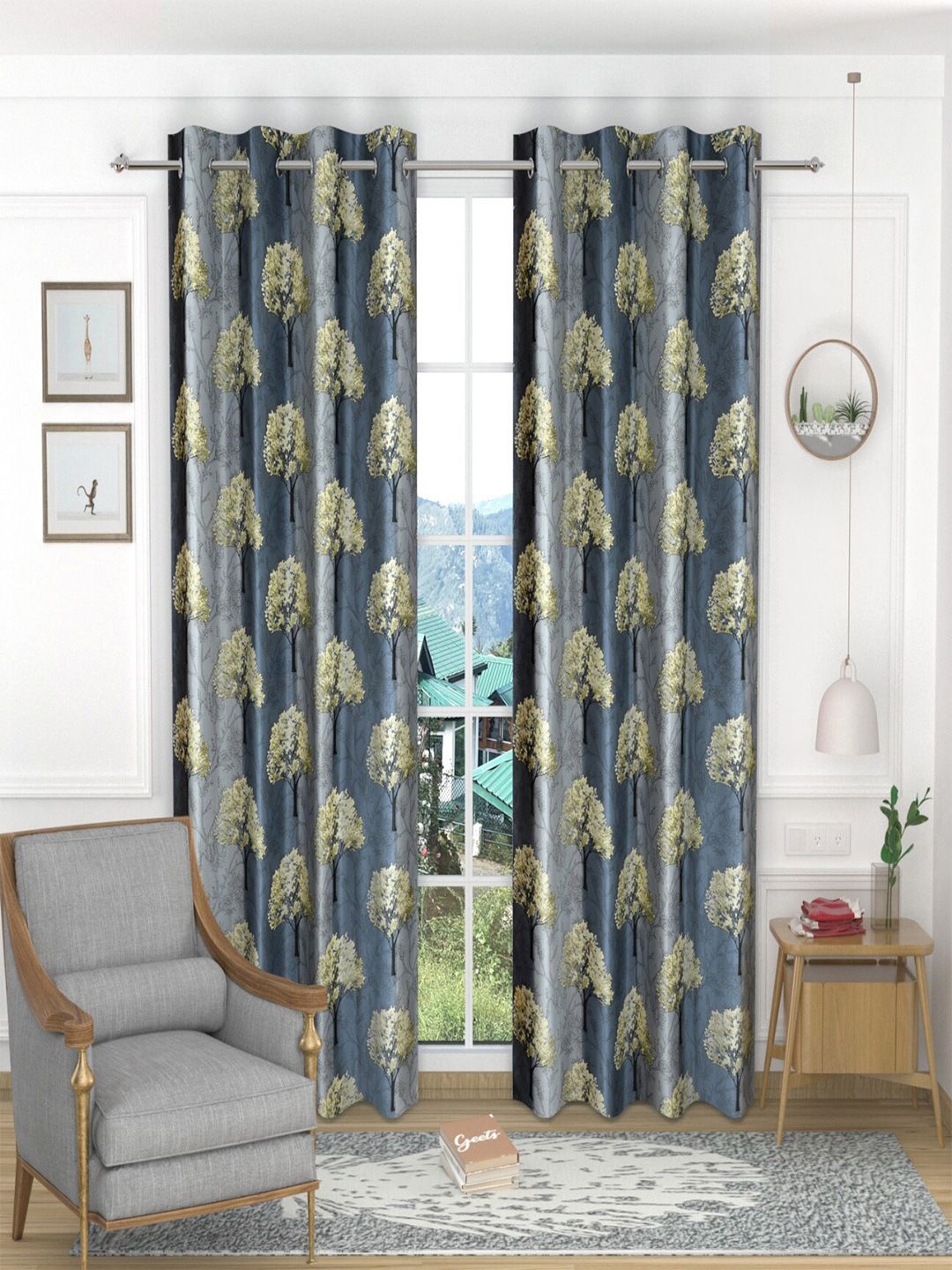 Homefab India Grey & Beige Set of 2 Floral Long Door Curtain Price in India