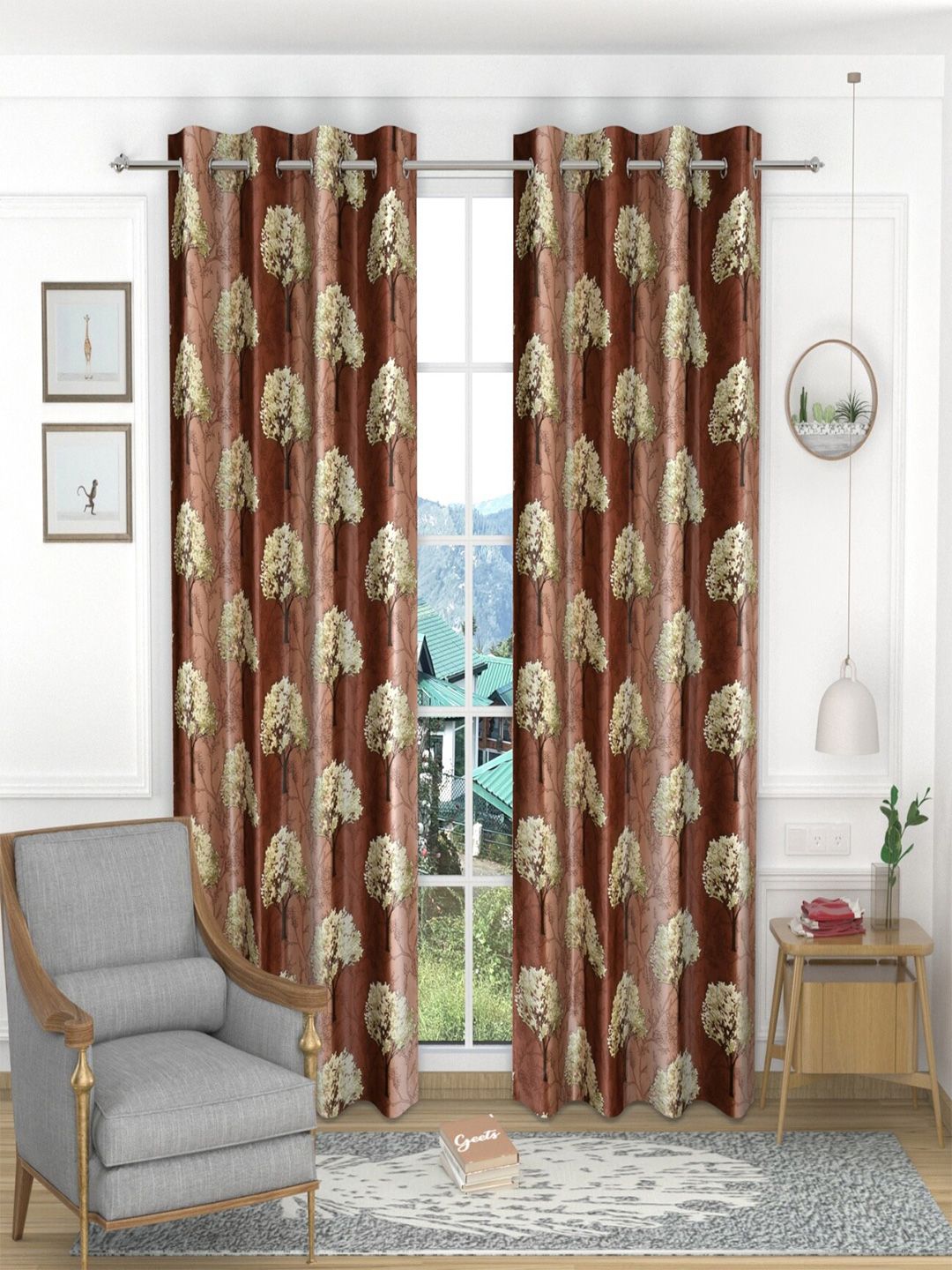 Homefab India Brown & Beige Set of 2 Floral Long Door Curtain Price in India