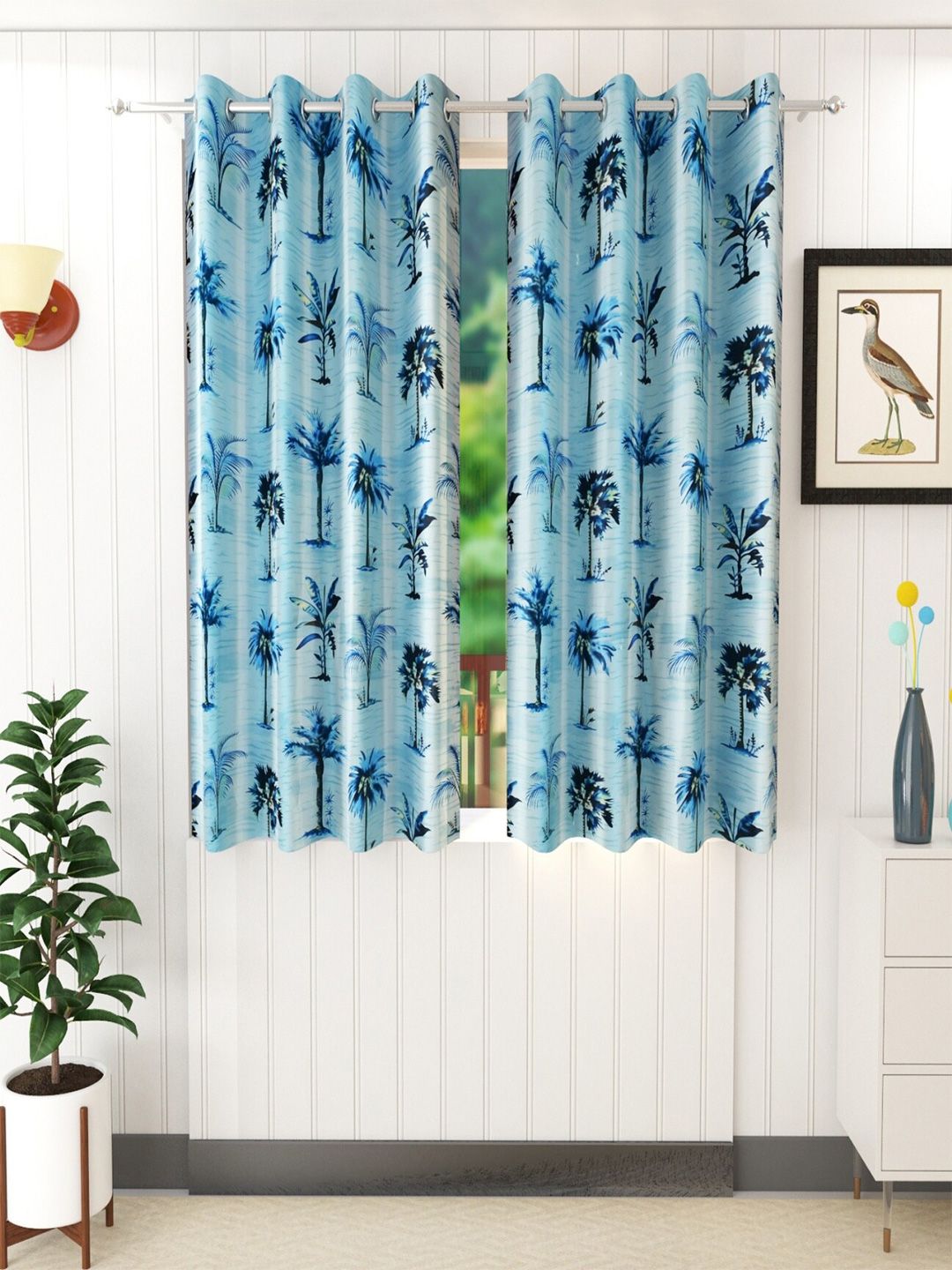 Homefab India Blue & Navy Blue Set of 2 Floral Window Curtain Price in India
