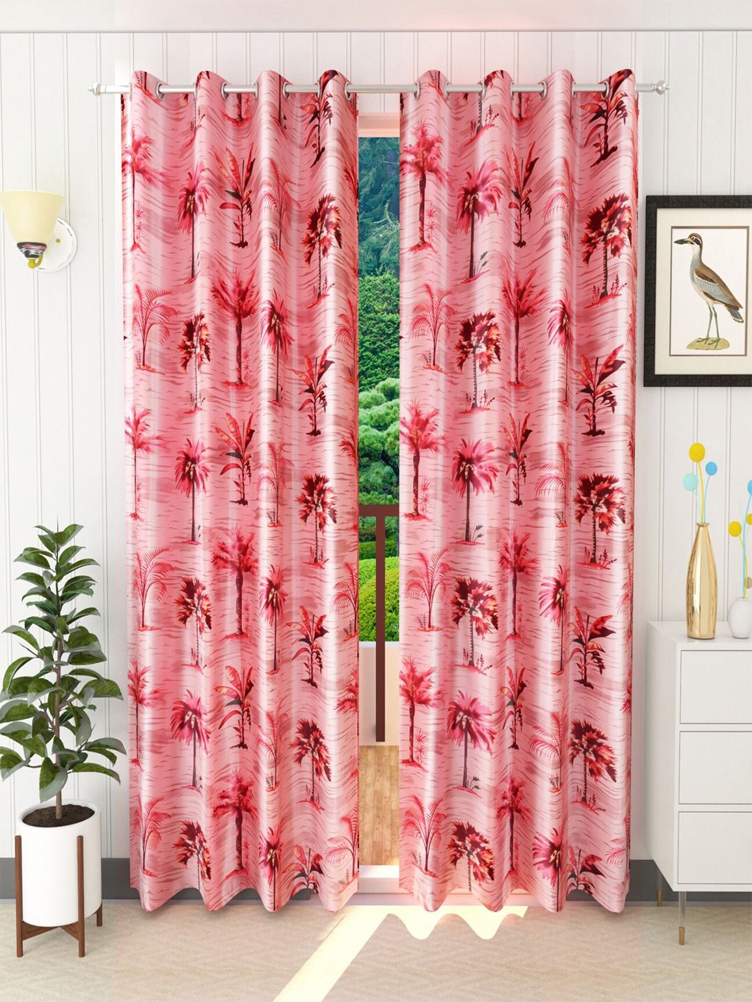 Homefab India Pink Set of 2 Floral Printed Door Curtains Price in India