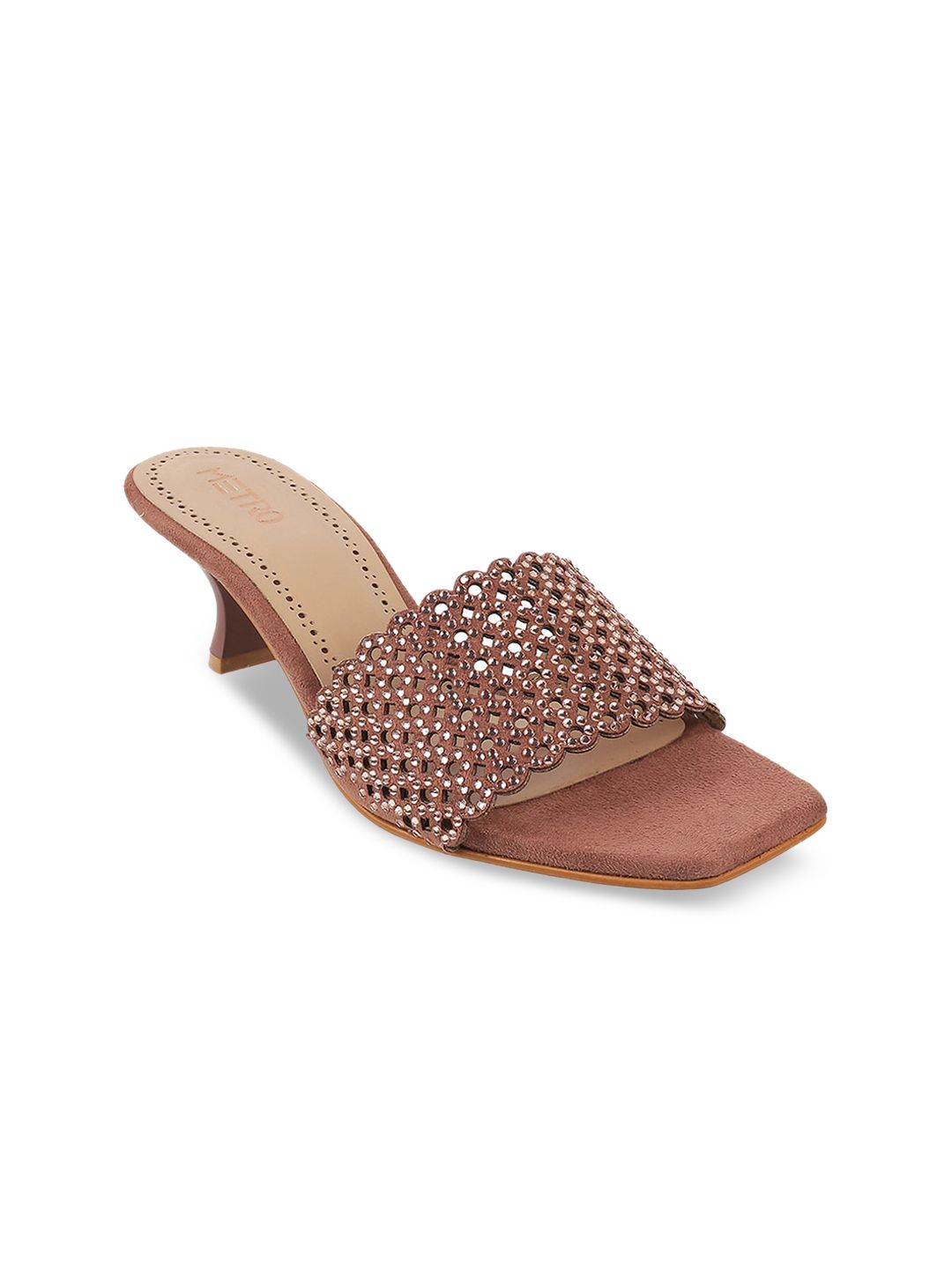 Metro Peach-Coloured Embellished Kitten Mules Price in India