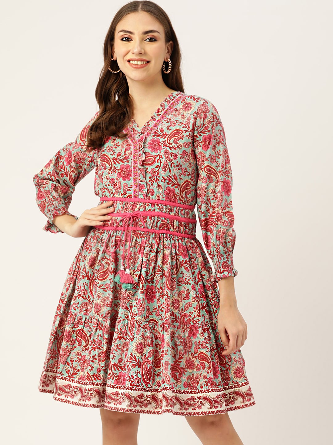 Jaipur Morni Blue & Pink Ethnic Motifs Ethnic A-Line Dress Price in India