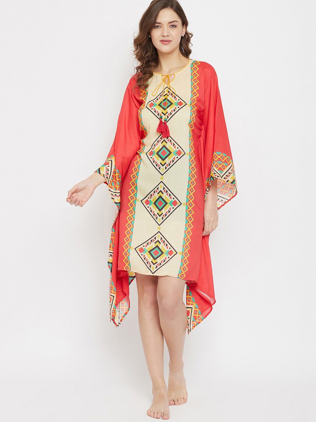 The Kaftan Company Women Beige & Red Printed Kaftan Cover-Up Dress Price in India