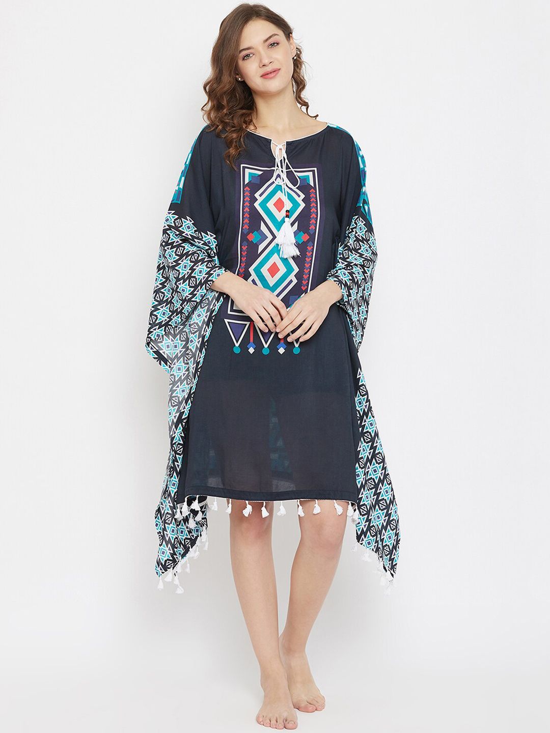 The Kaftan Company Women Navy Blue Printed Lace Resort Cover-up Dress Price in India