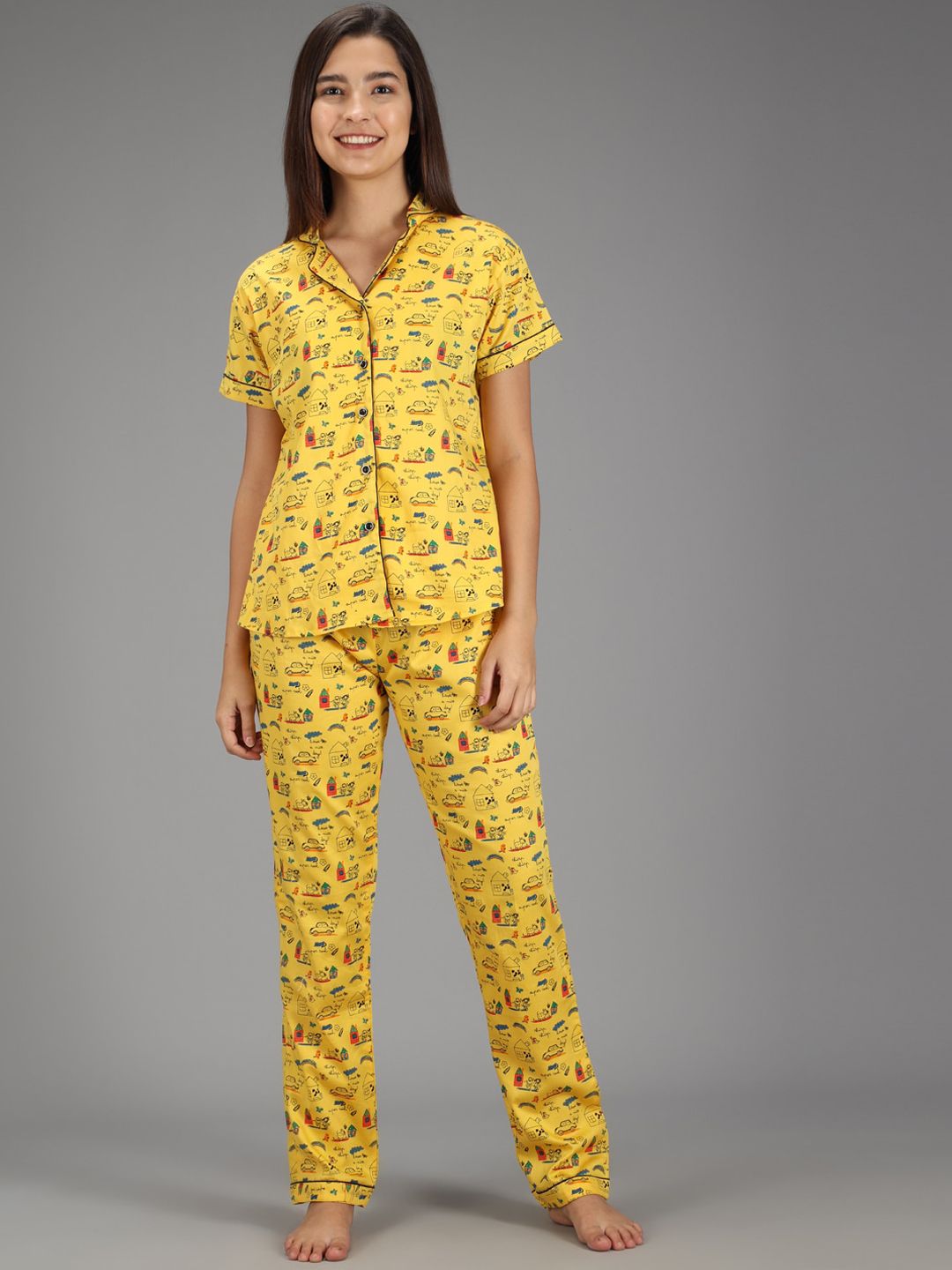 SEPHANI Women Yellow Printed Night Suit Price in India