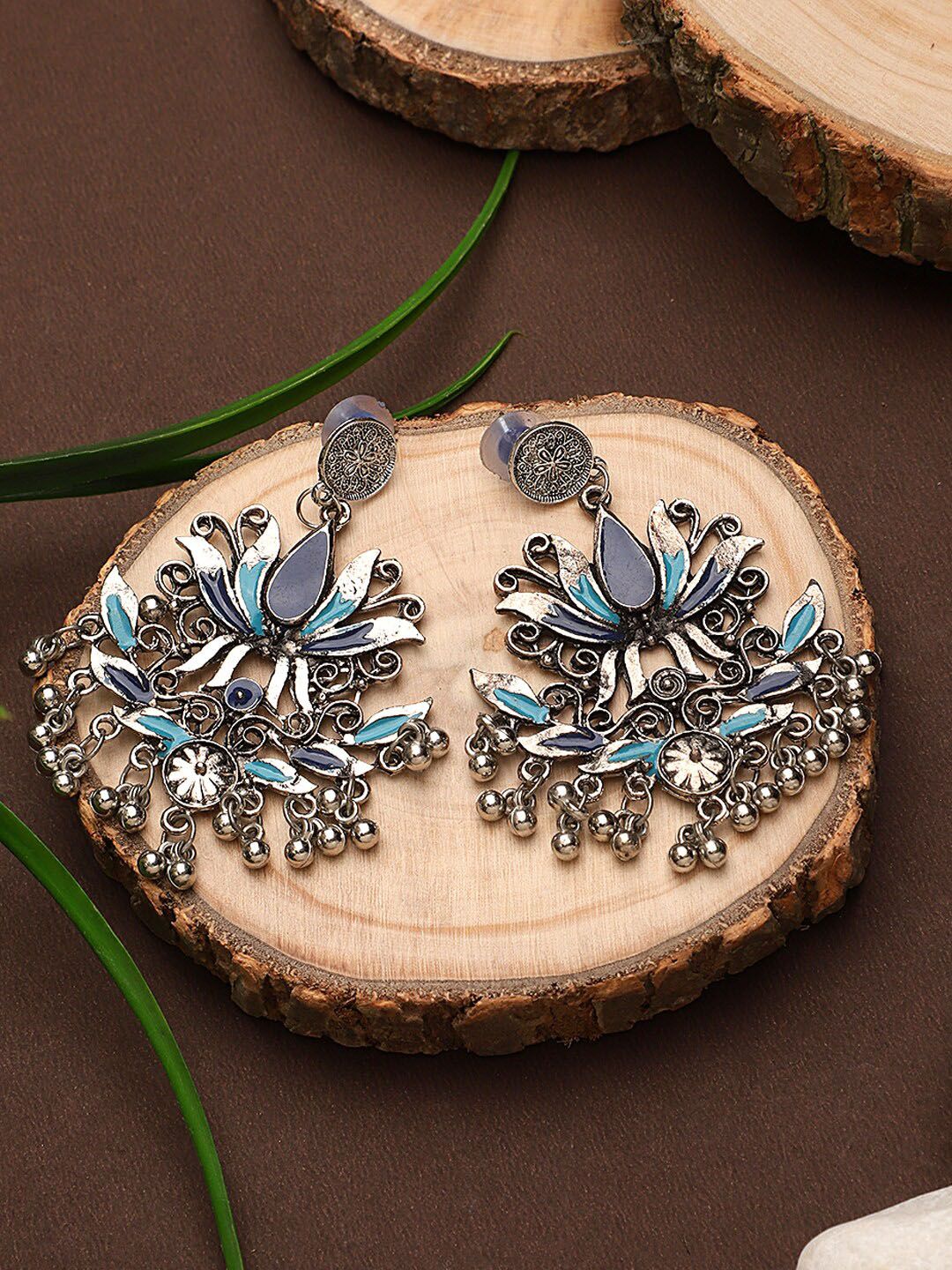 KACY Silver-Plated & Blue Hand Painted Floral Drop Earrings Price in India