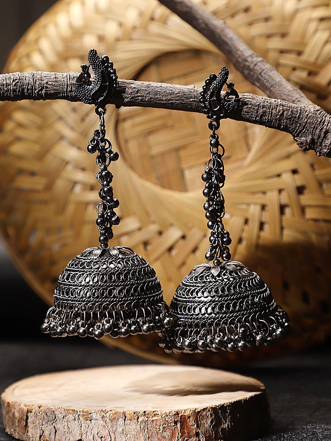 KACY Silver-Toned & Plated Oxidised Dome Shaped Jhumkas Earrings Price in India
