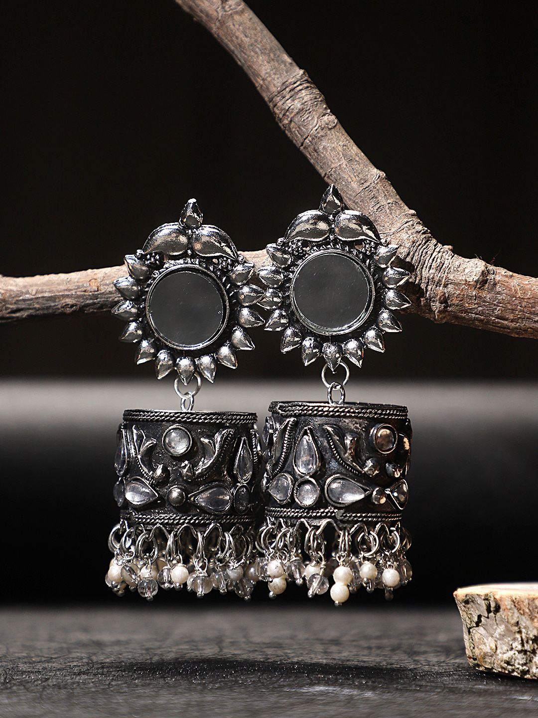 KACY Silver-Plated Mirror Work Geometric Drop Earrings Price in India
