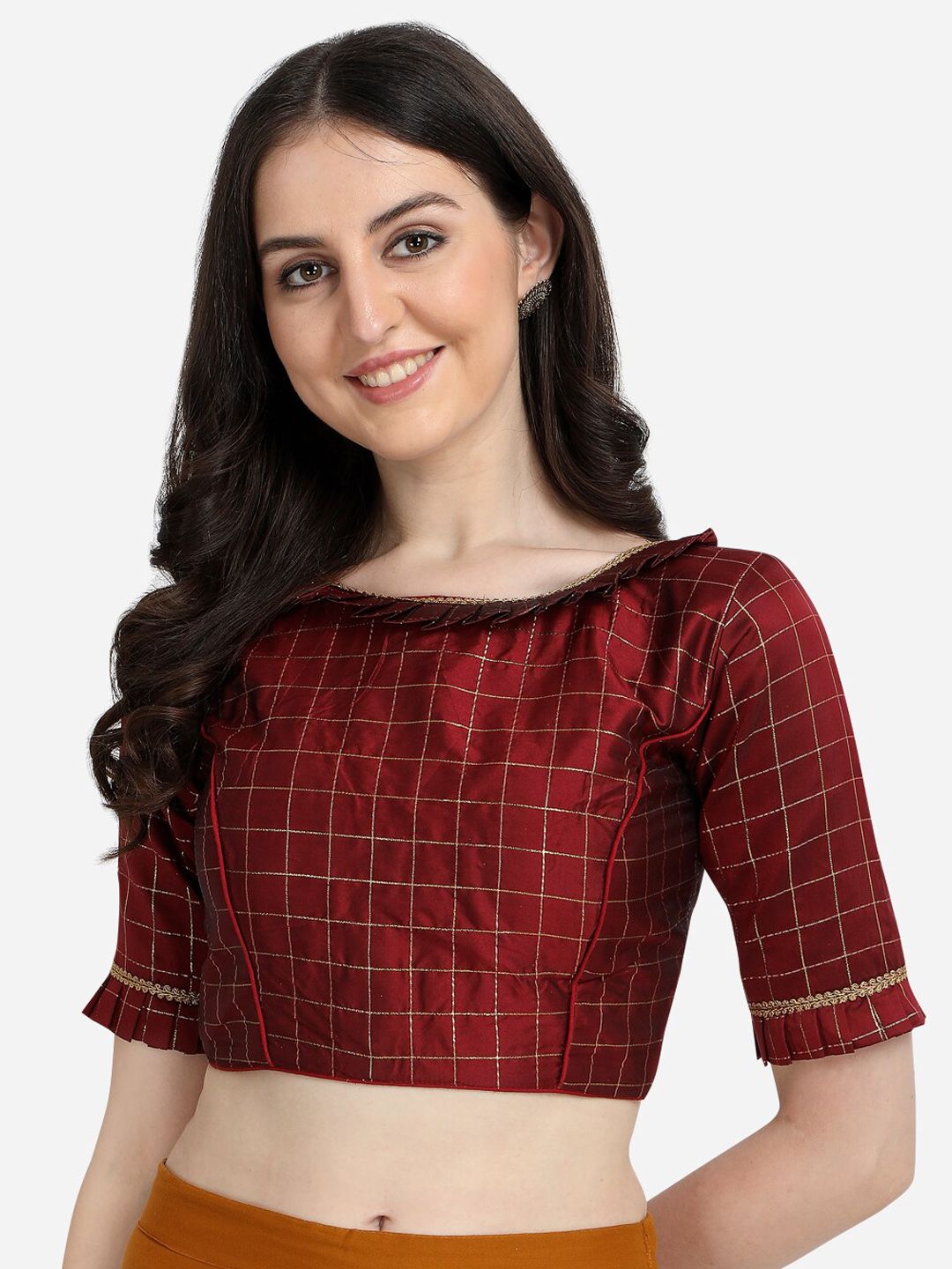 Fab Viva Women Maroon Printed Checked Saree Blouse Price in India