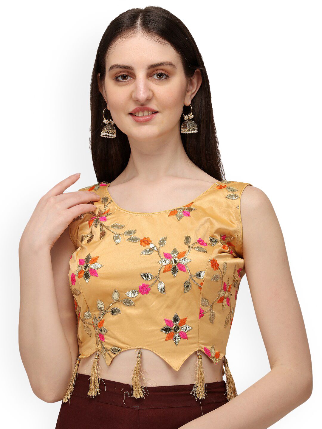 Fab Viva Women Beige & Pink Embroidered Ready-Made Saree Blouse Price in India