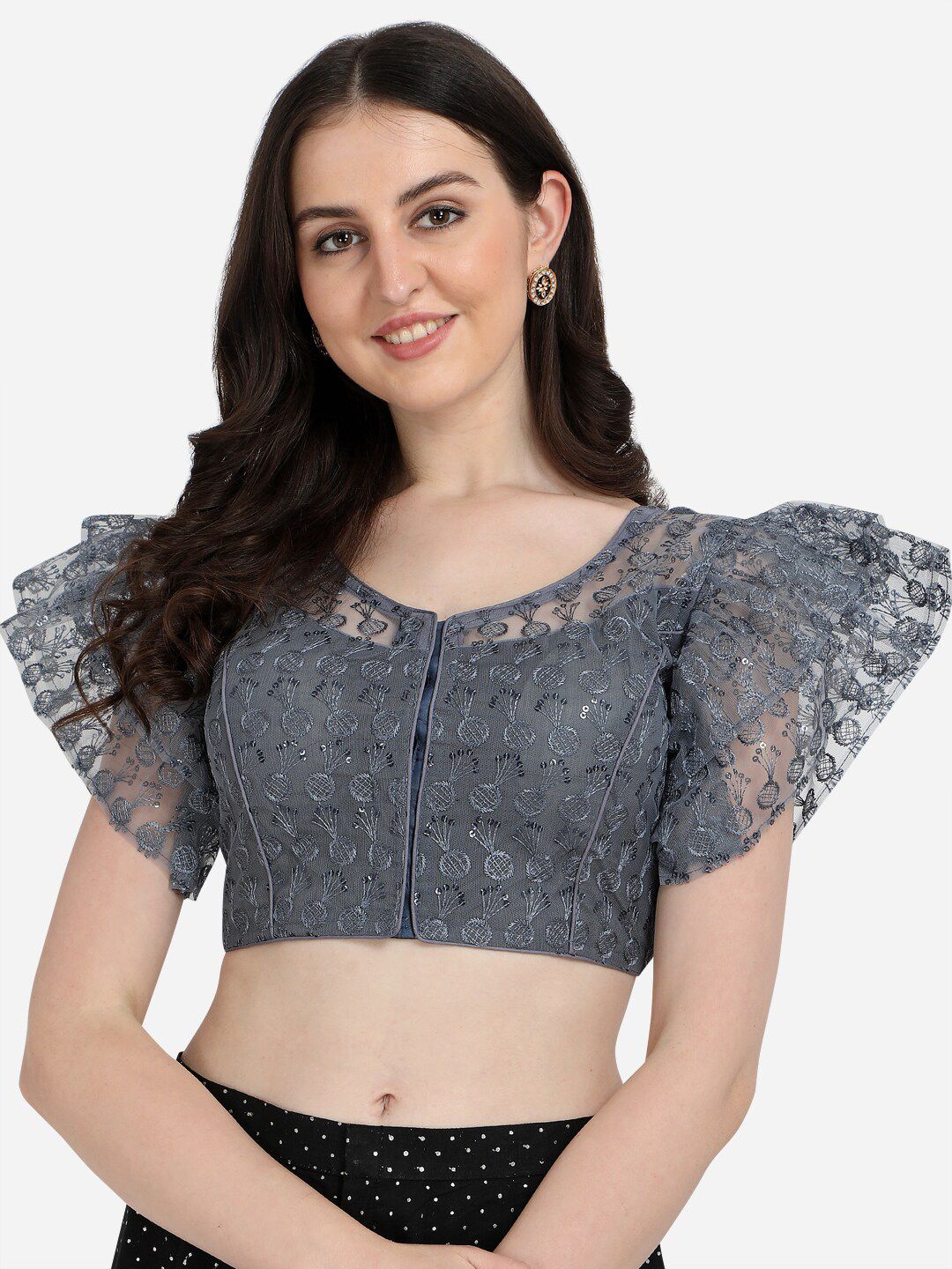 Fab Viva Women Grey Embroidered & Sequences Work Grey Net Price in India