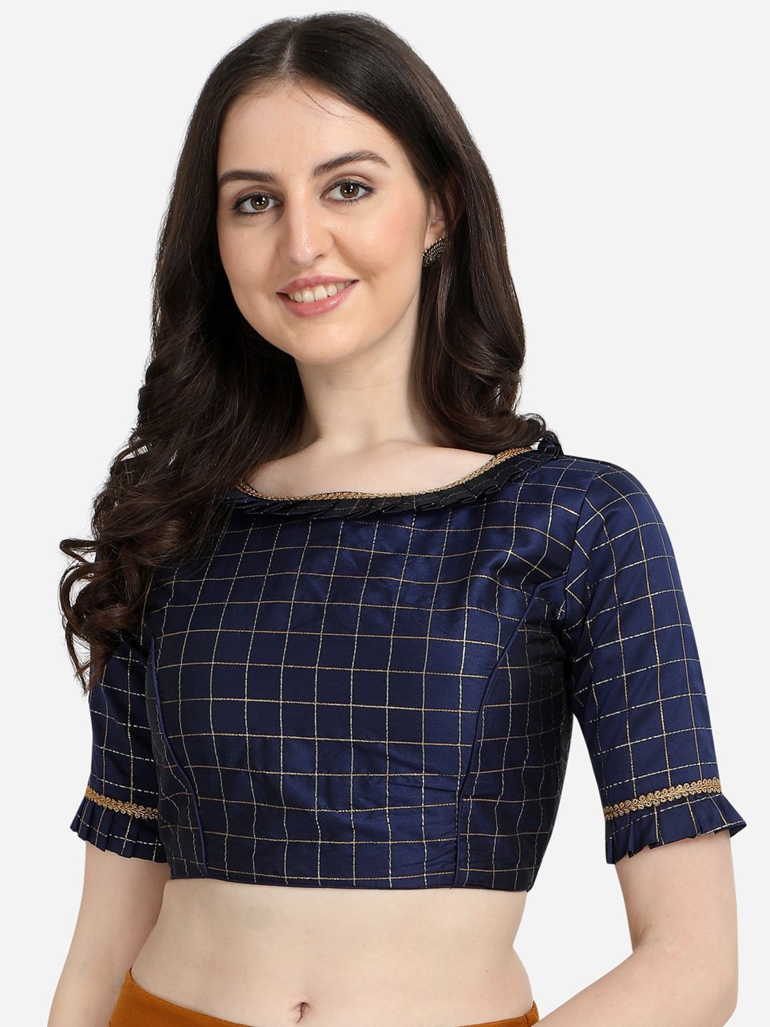 Fab Viva Navy Blue Checked Silk Saree Blouse Price in India