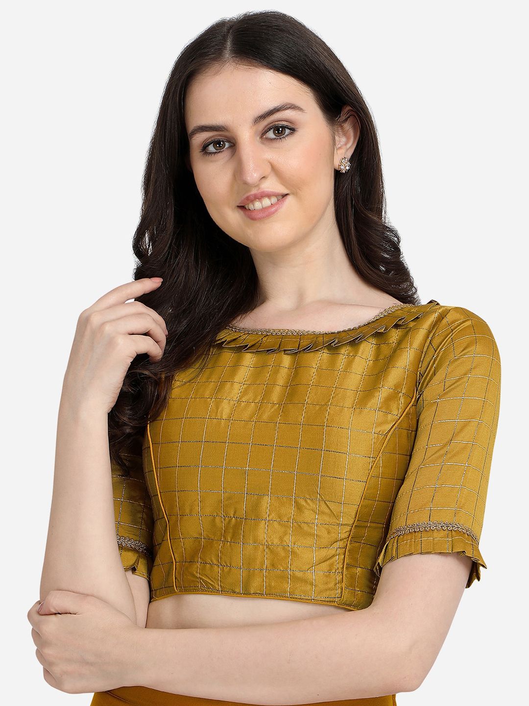 Fab Viva Women Mustard Yellow Jacquard Silk Boat Neck Woven Design Saree Blouse Price in India