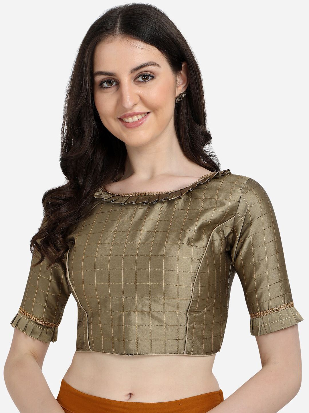 Fab Viva Gold-Colored Striped Silk Saree Blouse= Price in India