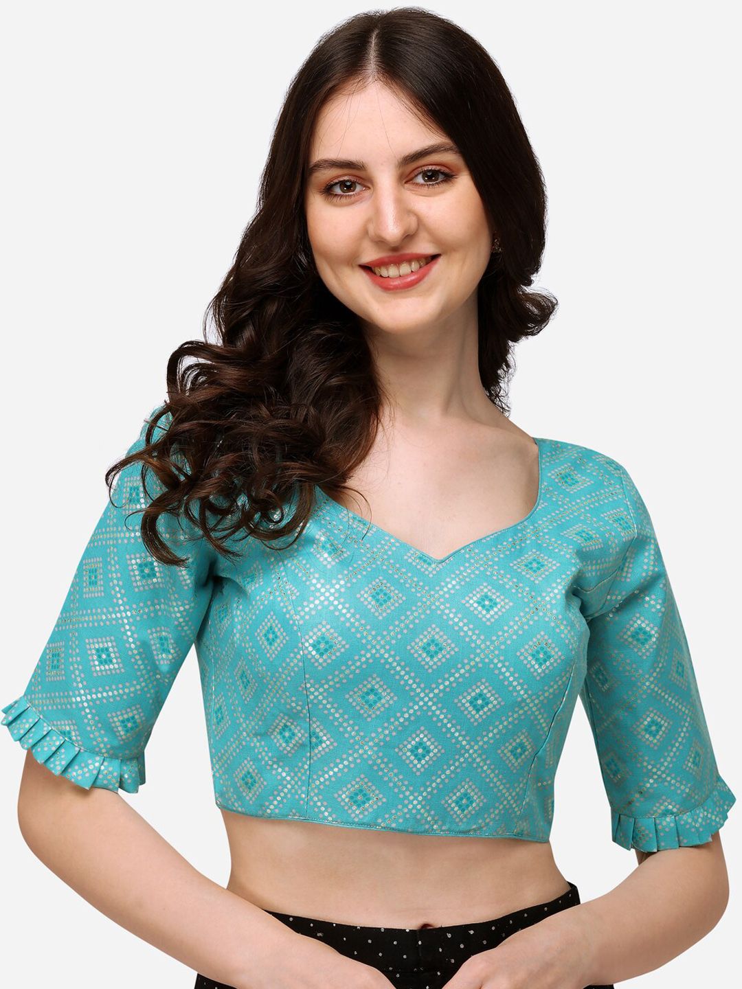 Fab Viva Women Blue  Printed Jacquard Saree Blouse Price in India