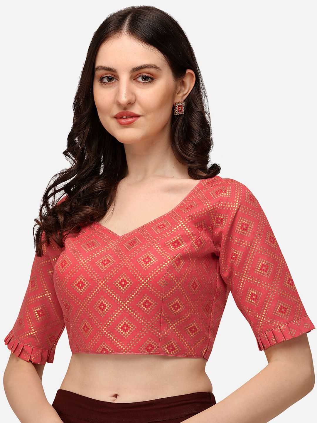 Fab Viva Women Red Jacquard Coral V-Neck Blouse Price in India