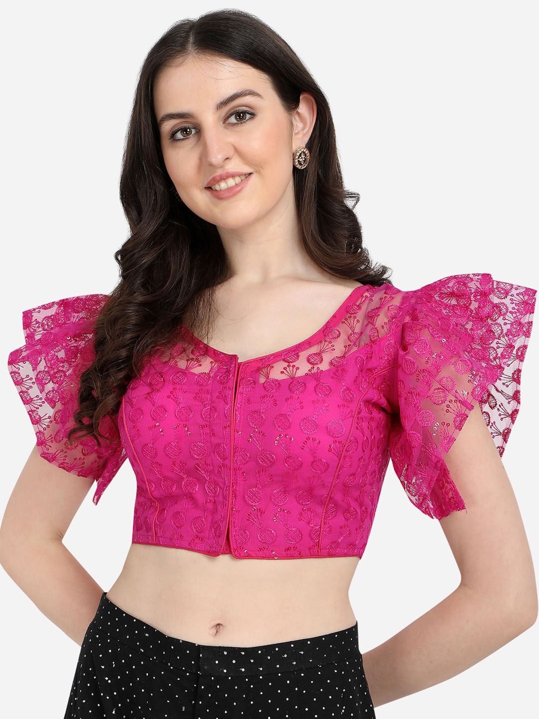 Fab Viva Women Pink Sequin Embroidered Net Saree Blouse Price in India