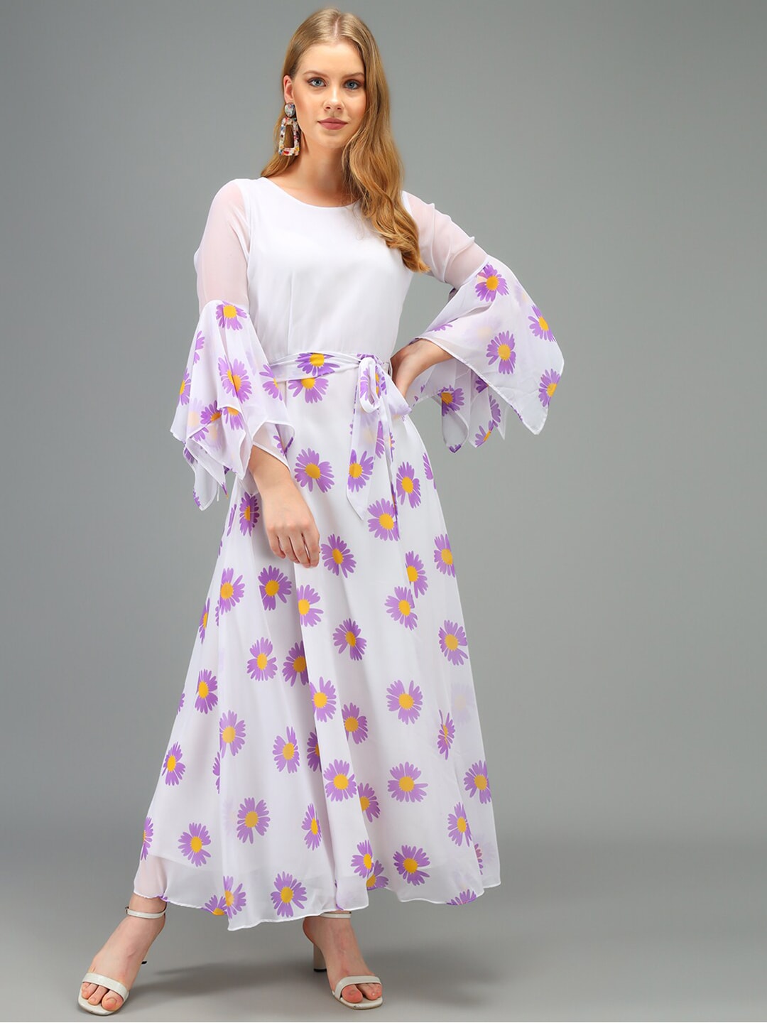Kannan Purple & White Floral Printed Georgette Maxi Dress Price in India