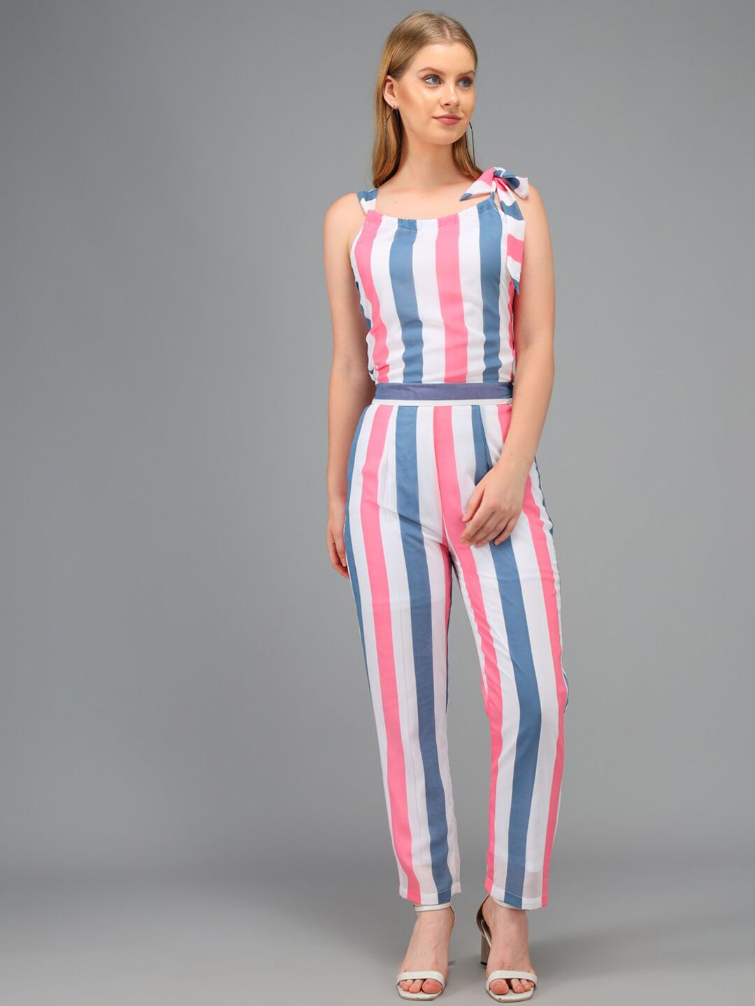 Kannan Pink & Blue Striped Shoulder Straps Basic Jumpsuit Price in India