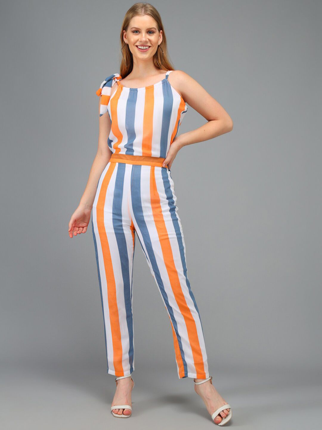 Orange and white store striped jumpsuit