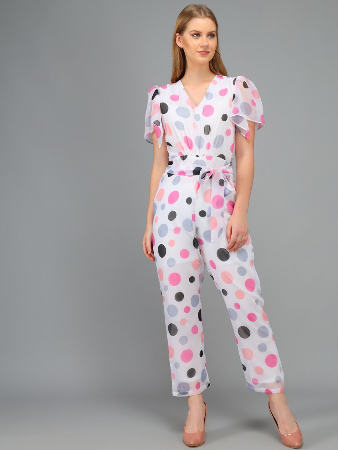 Kannan Women Pink & White Printed Basic Jumpsuit Price in India