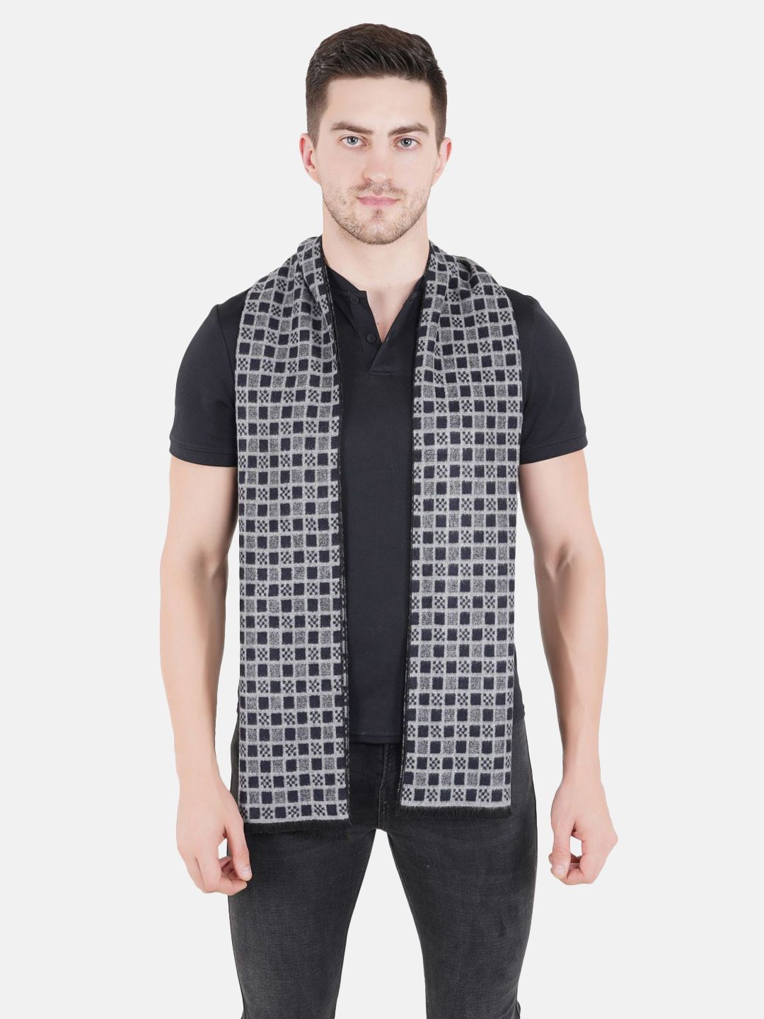 MUFFLY Black & Grey Printed Woven-Design Knitted Woolen Muffler