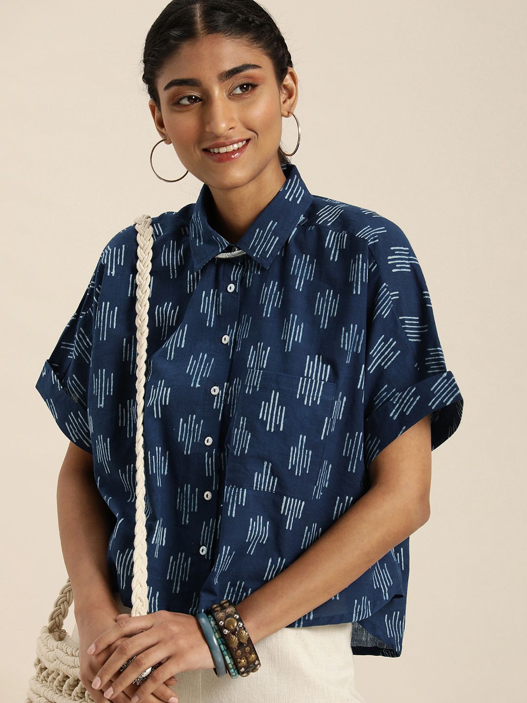 Taavi Women Blue & Off White Indigo Print Roll-Up Sleeves Regular Top Price in India