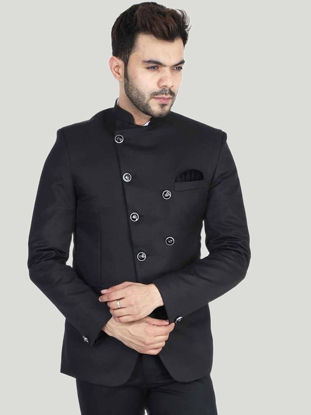 TAHVO Men Black Solid Slim-Fit Single-Breasted Bandhgala Blazers