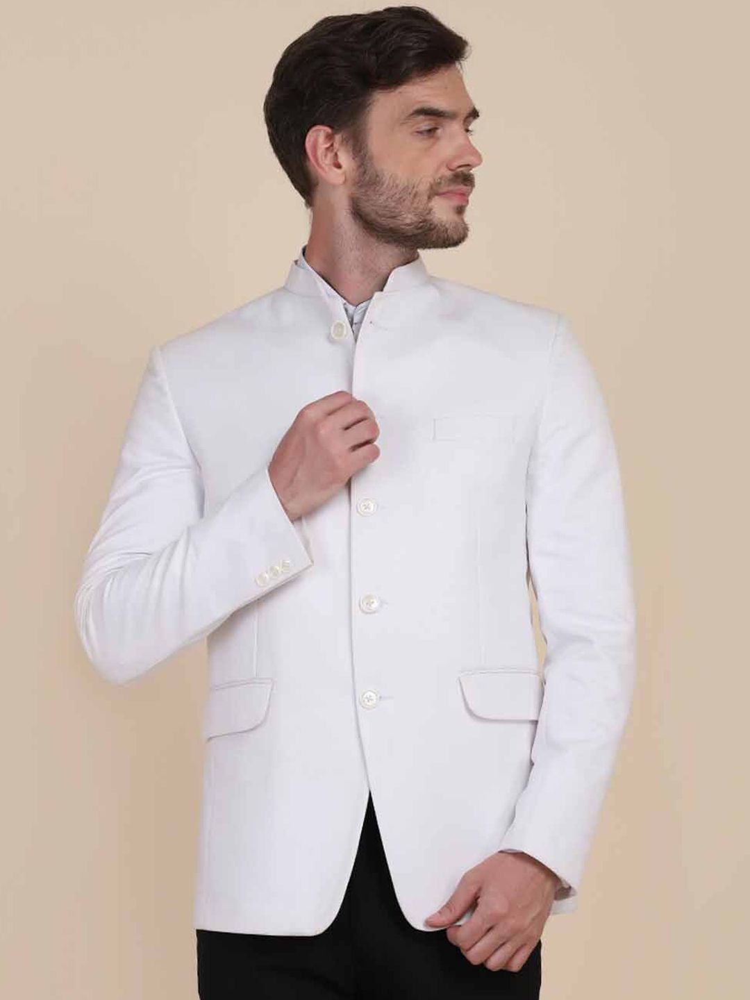 TAHVO Men White Solid Bandhgala Blazers