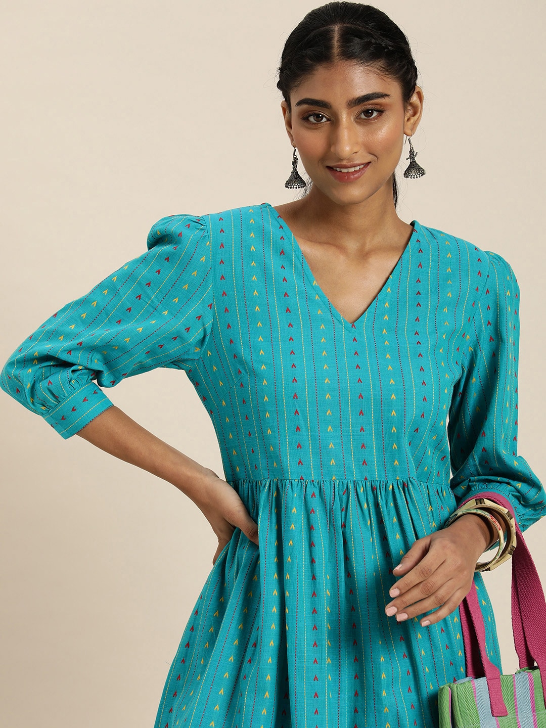 Taavi Women Blue Woven Legacy Ethnic Motifs Casual Fit And Flare Dress Price in India