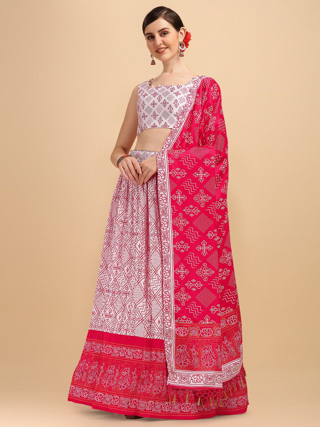 Amrutam Fab Women White, Pink Printed Semi-Stitched Lehenga, Unstitched Blouse & Dupatta Price in India