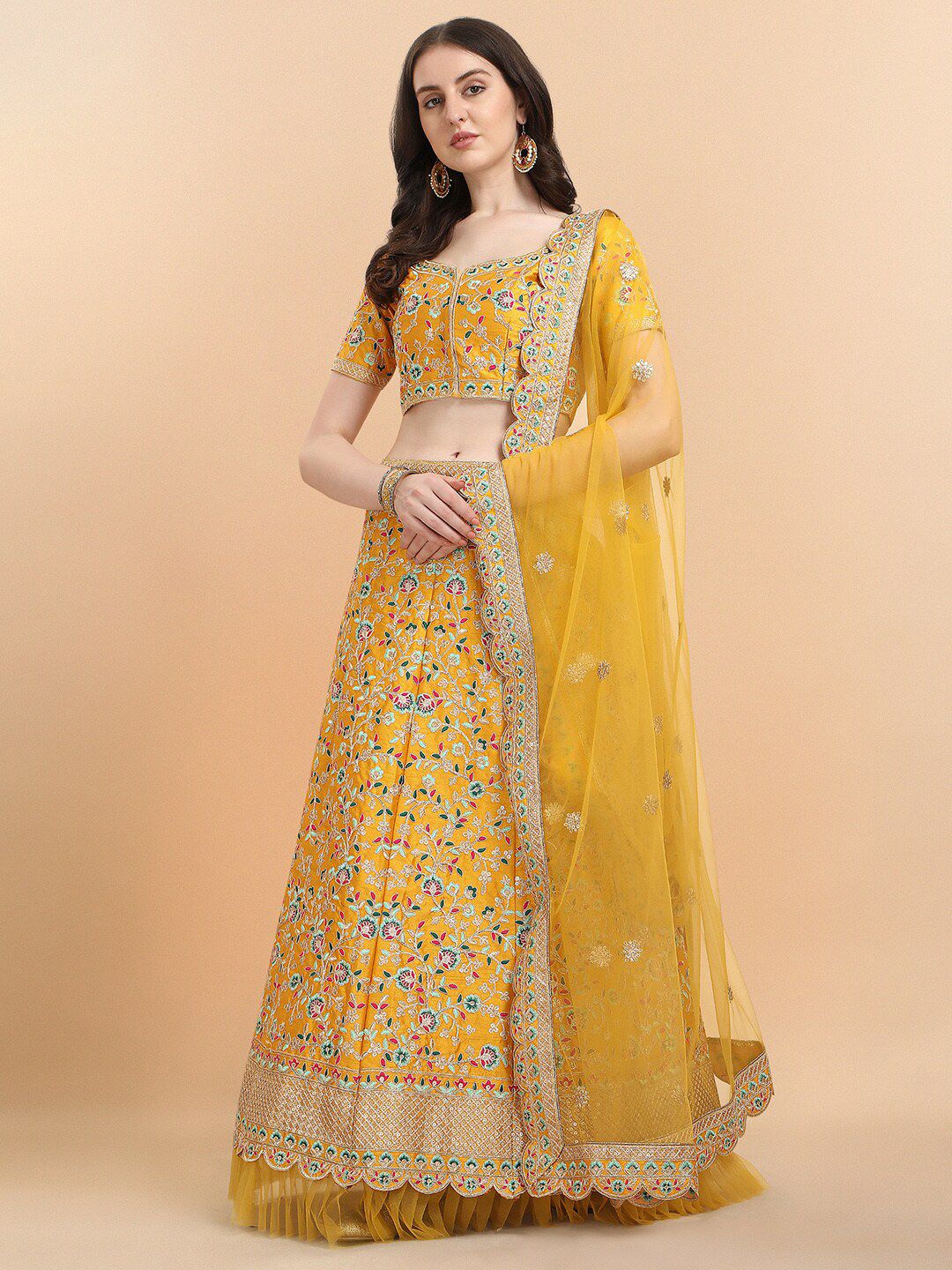 Amrutam Fab Women Yellow Embroidered Semi-Stitched Lehenga, Unstitched Blouse With Dupatta Price in India