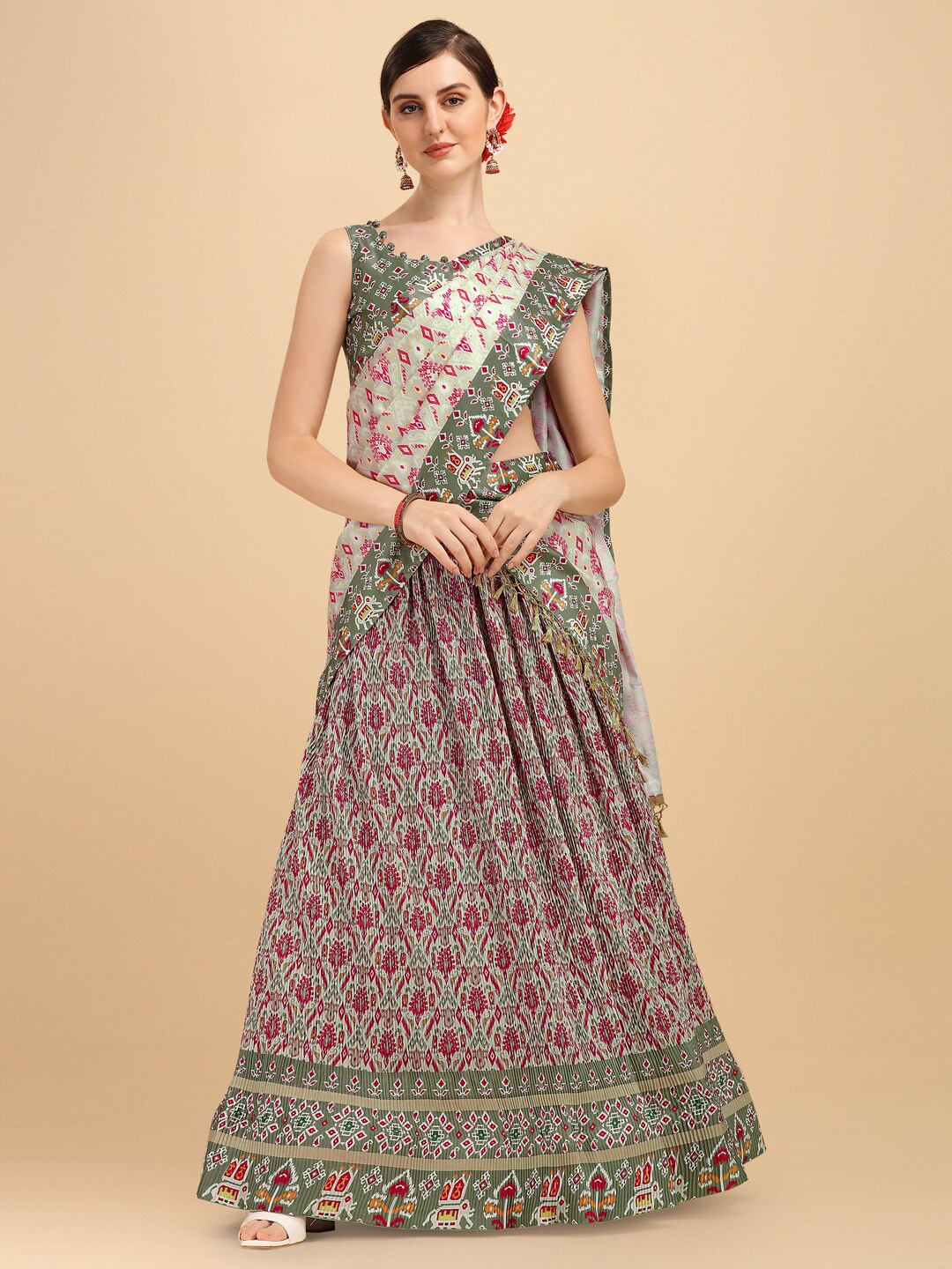 Amrutam Fab Women Pink & Green Printed Semi-Stitched Lehenga & Unstitched Blouse & Dupatta Price in India
