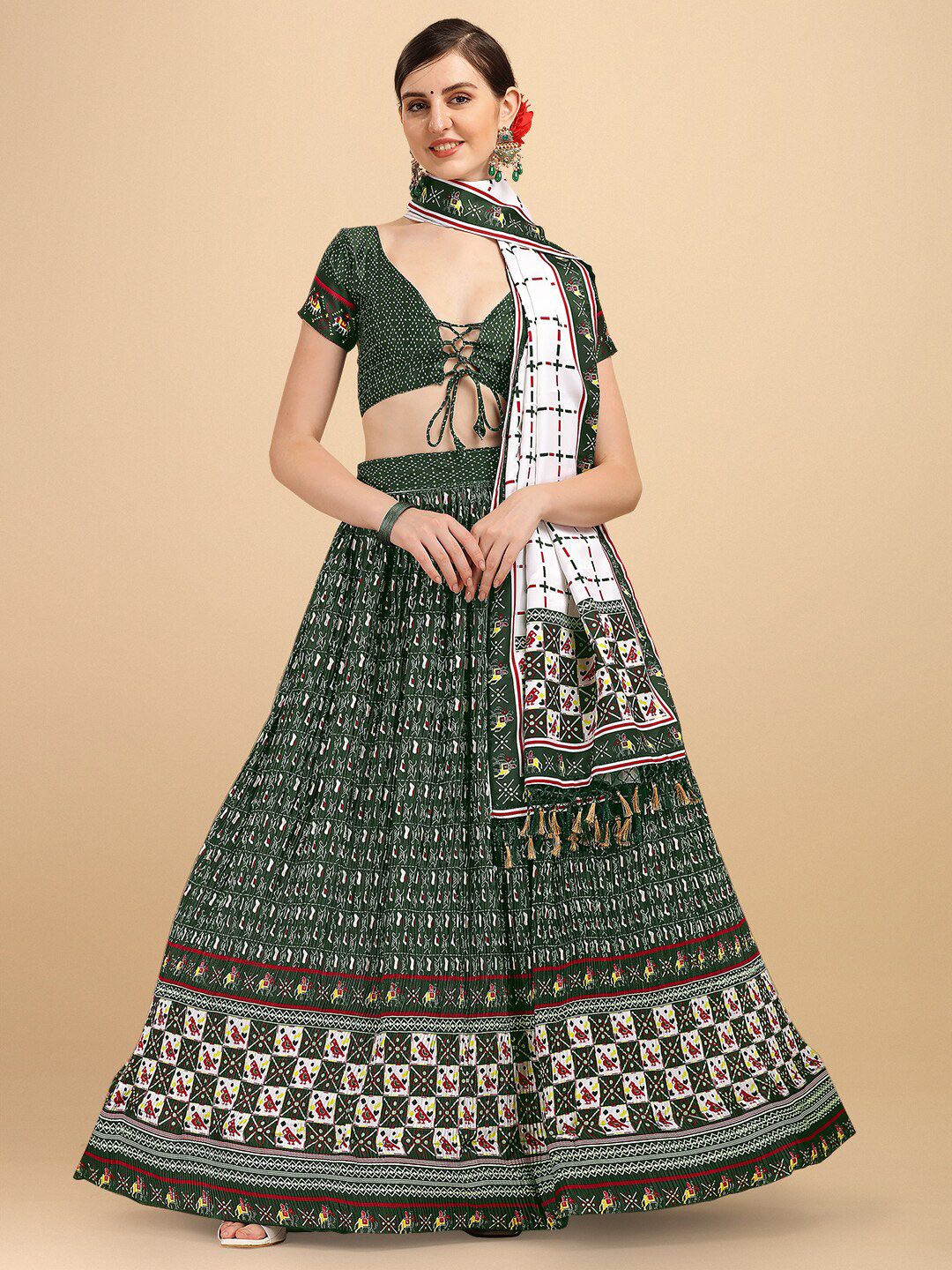 Amrutam Fab Green & White Printed Semi-Stitched Lehenga & Unstitched Blouse With Dupatta Price in India
