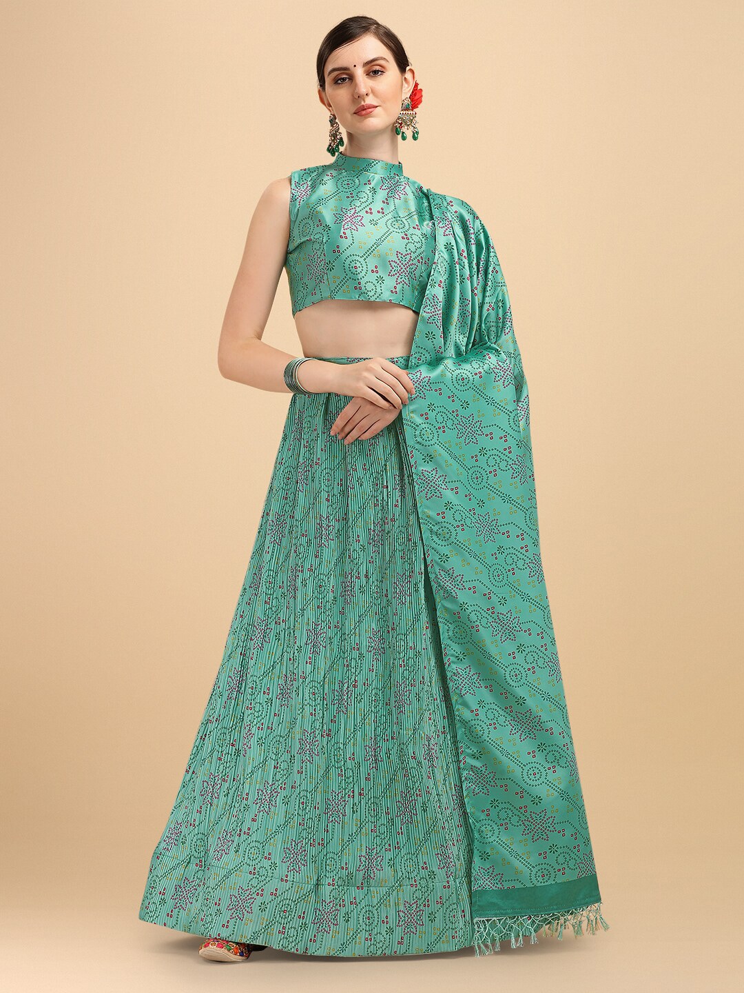 Amrutam Fab Women Sea Green Printed Semi-Stitched Lehenga & Unstitched Blouse With Dupatta Price in India