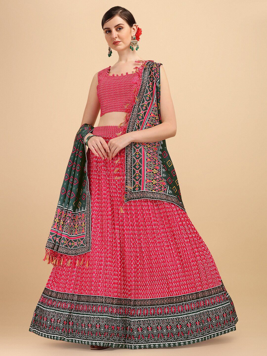 Amrutam Fab Women Pink, Green Printed Semi-Stitched Lehenga, Unstitched Blouse & Dupatta Price in India