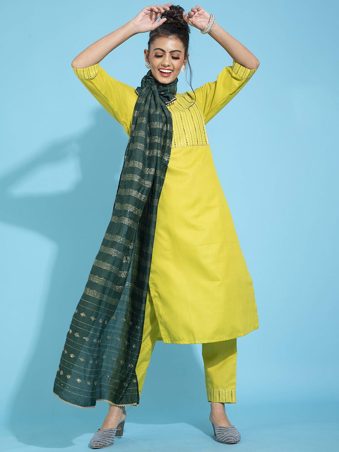 POONAM DESIGNER Women Lime Green High Slit Pure Cotton Kurti with Trousers Price in India