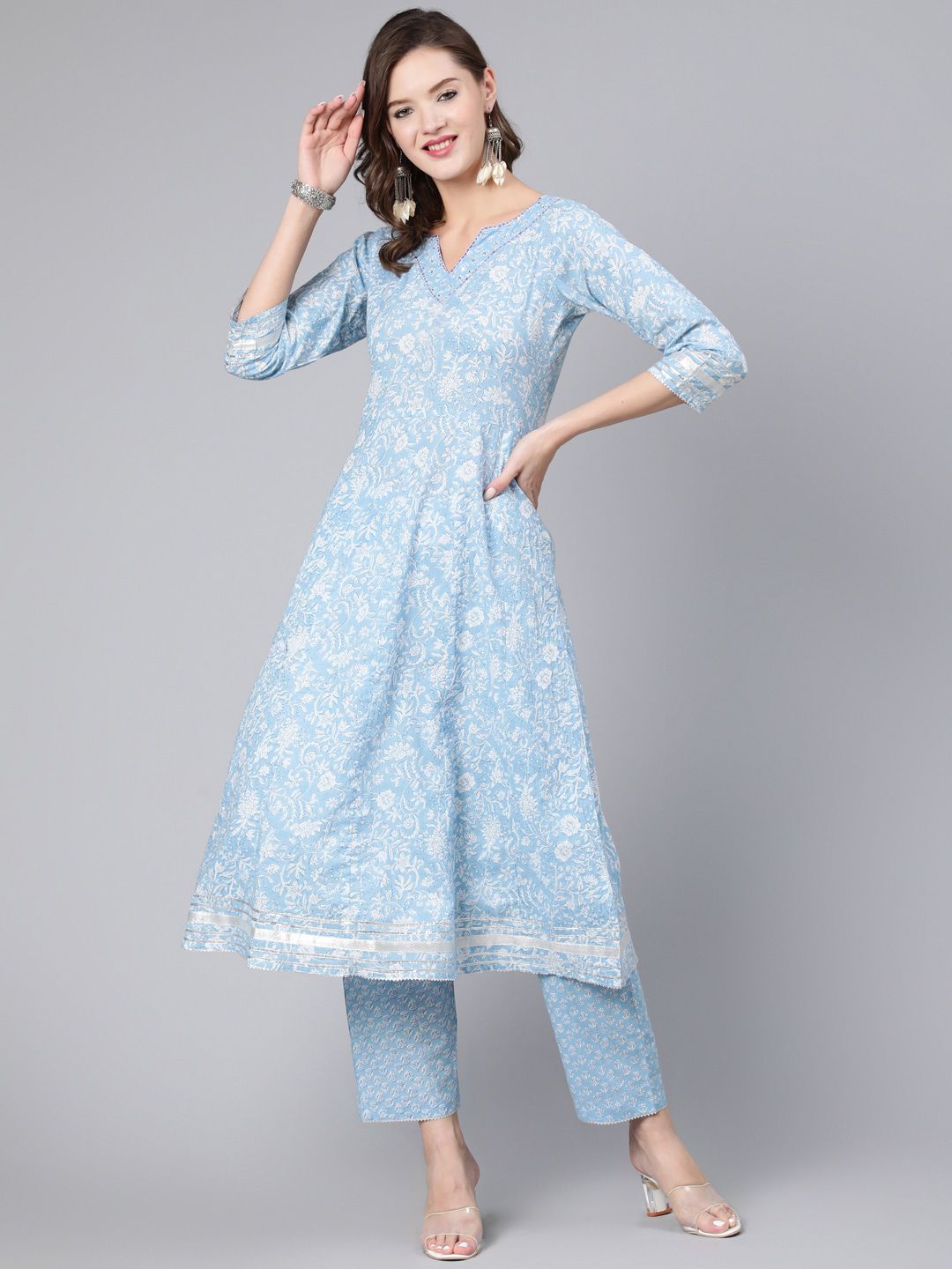 THE NKS PLUS Women Blue Floral Printed High Slit Gotta Patti Pure Cotton Kurta Set Price in India