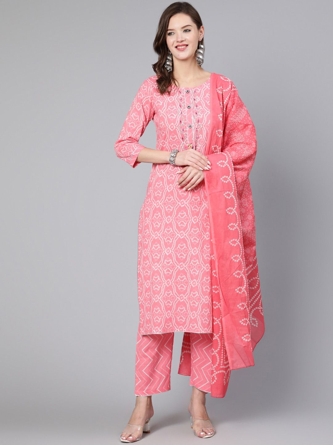 THE NKS PLUS Women Pink Printed Pure Cotton Embroidered Placket Kurta, Palazzo & Dupatta Price in India