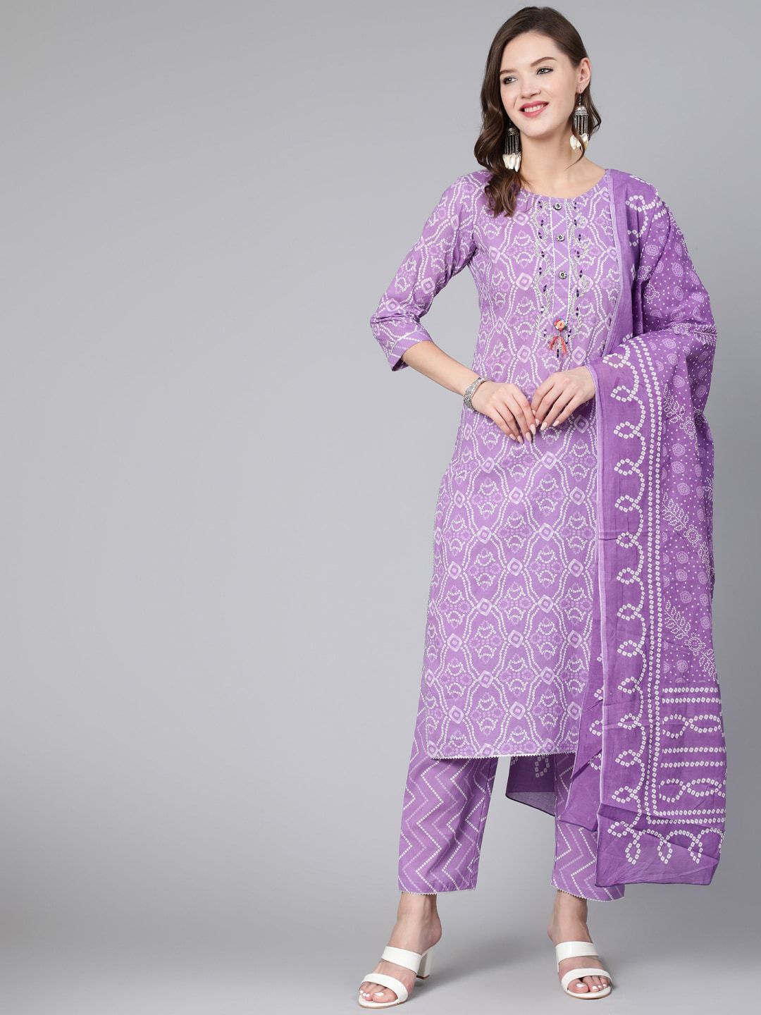 THE NKS PLUS Women Purple Ethnic Motifs Striped Pure Cotton Kurta with Trousers & With Dupatta Price in India