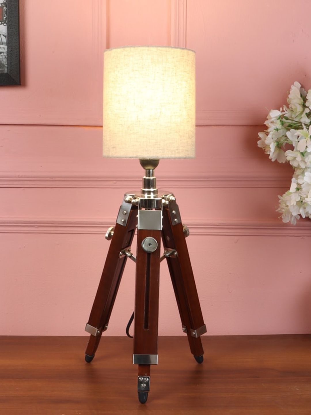 BEVERLY STUDIO Beige Solid Drum Shade Tripod Table Lamp Price in India