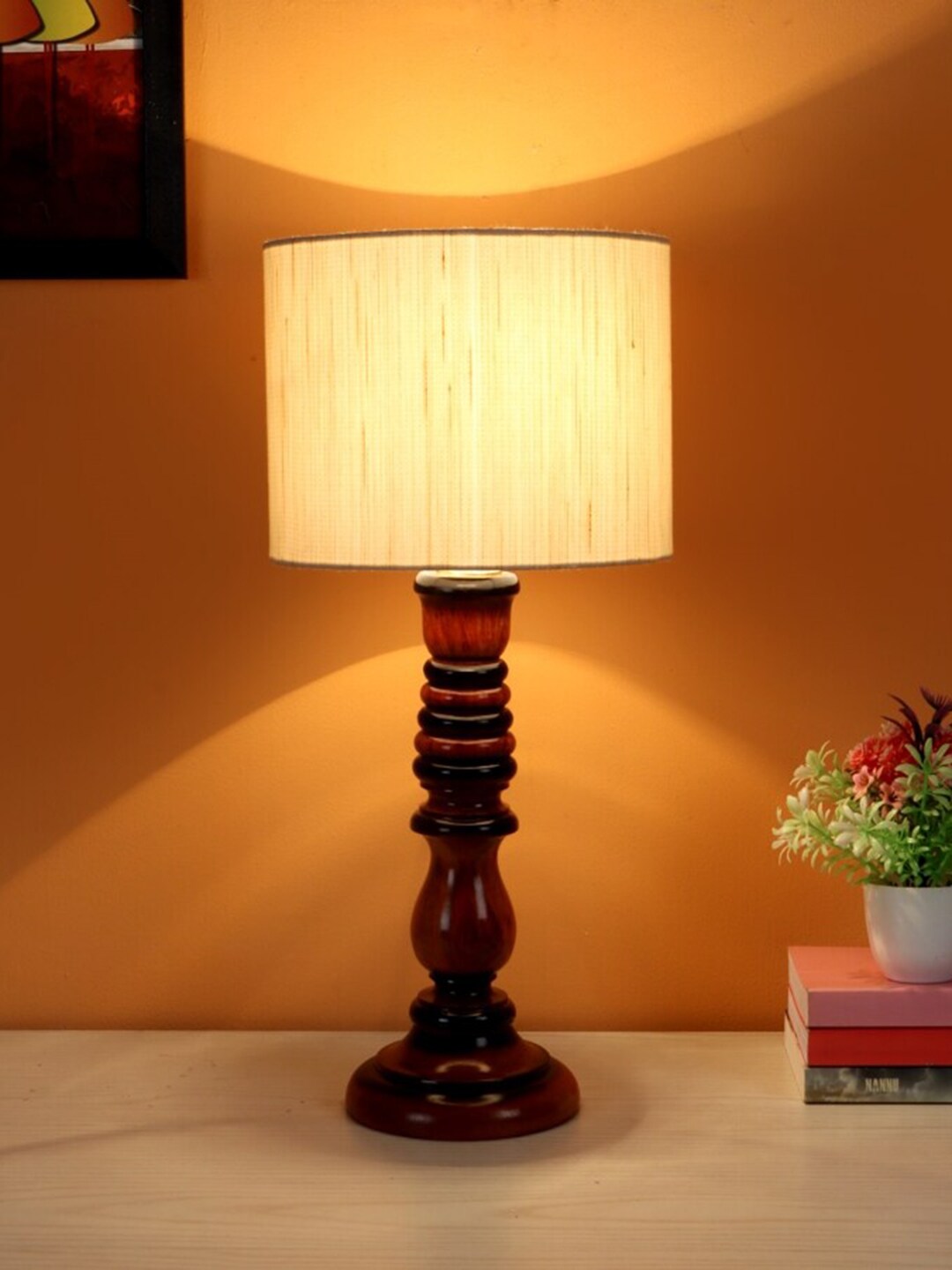 BEVERLY STUDIO Beige & Brown Solid Wooden Table Lamp Price in India