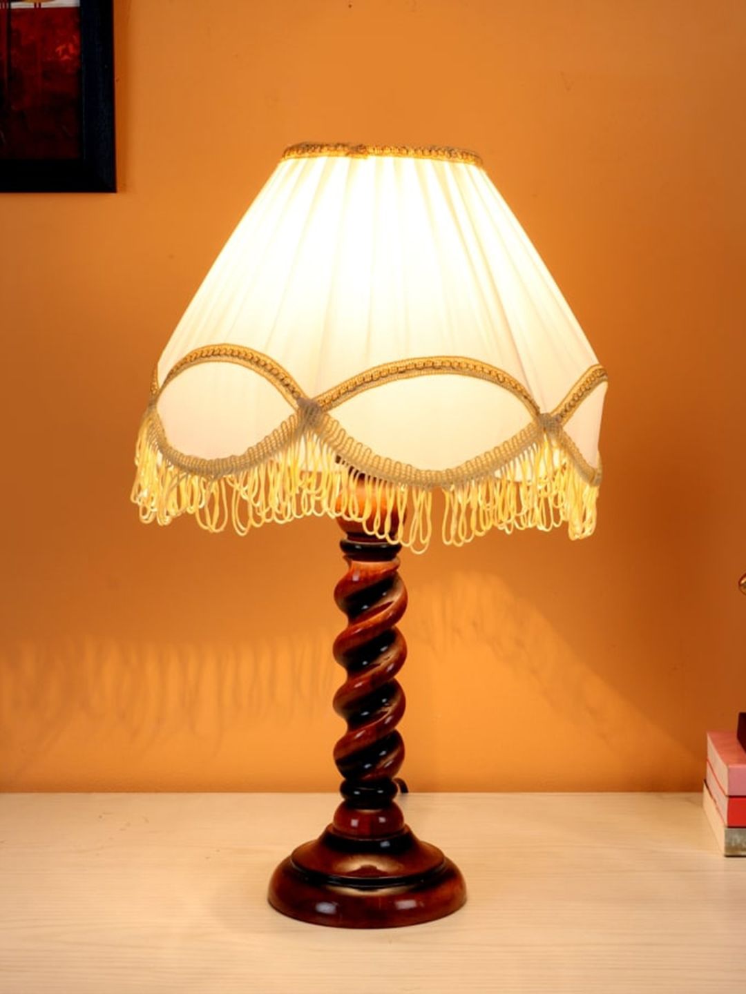 BEVERLY STUDIO Cream-Coloured & Brown Wooden Table Lamp Price in India