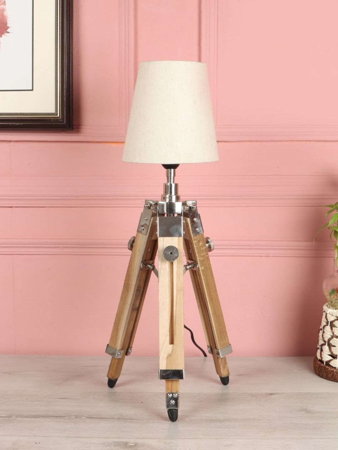 BEVERLY STUDIO Beige Solid Wooden Tripod Table Lamp Price in India